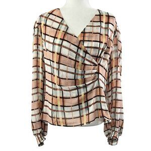 Cabi 6295 Whist Blouse Windowpane Plaid Multicolor Surplice Neck Faux Wrap